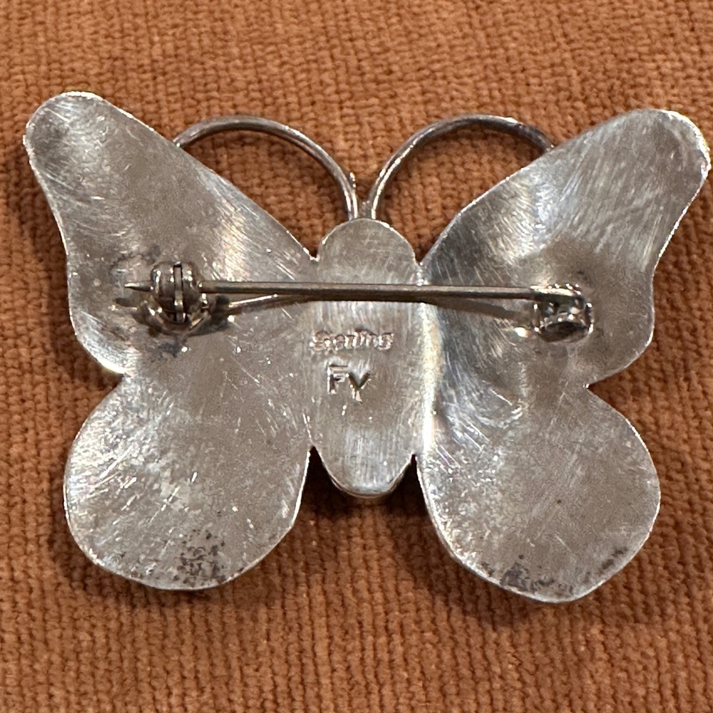 Vintage Sterling Silver Butterfly Pin Signed FY Navajo Turquoise Onyx YAZZIE - Picture 9 of 12
